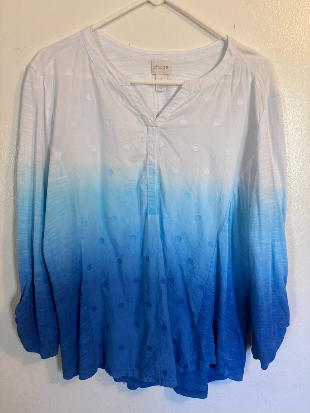 Chico's White to Blue Ombre Dot-Textured V-Neck Tunic